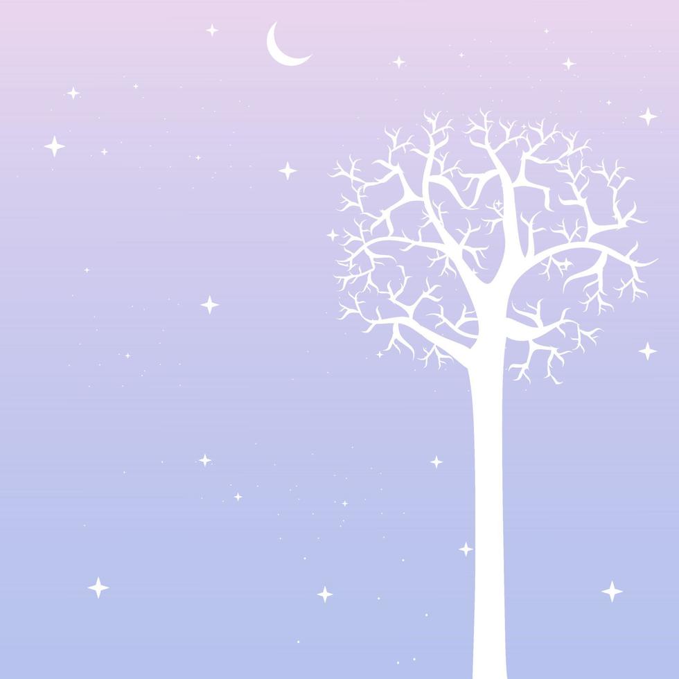 paesaggio blu e viola con sagome di alberi secchi, rami di alberi, luna e stelle nel cielo. illustrazione vettoriale di sfondo per biglietto di auguri, poster, tema della natura e carta da parati.