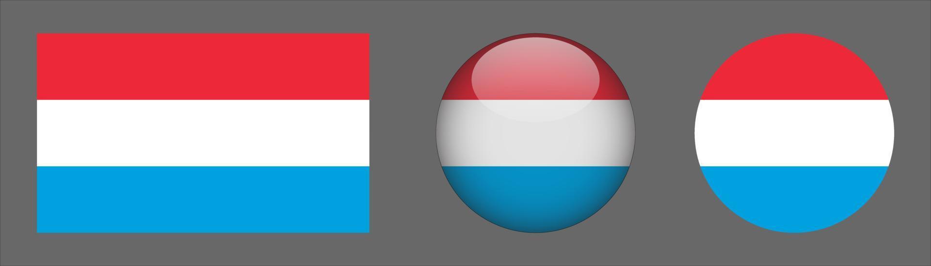 set di bandiere del lussemburgo, rapporto di dimensioni originali, 3d arrotondato e piatto arrotondato vettore