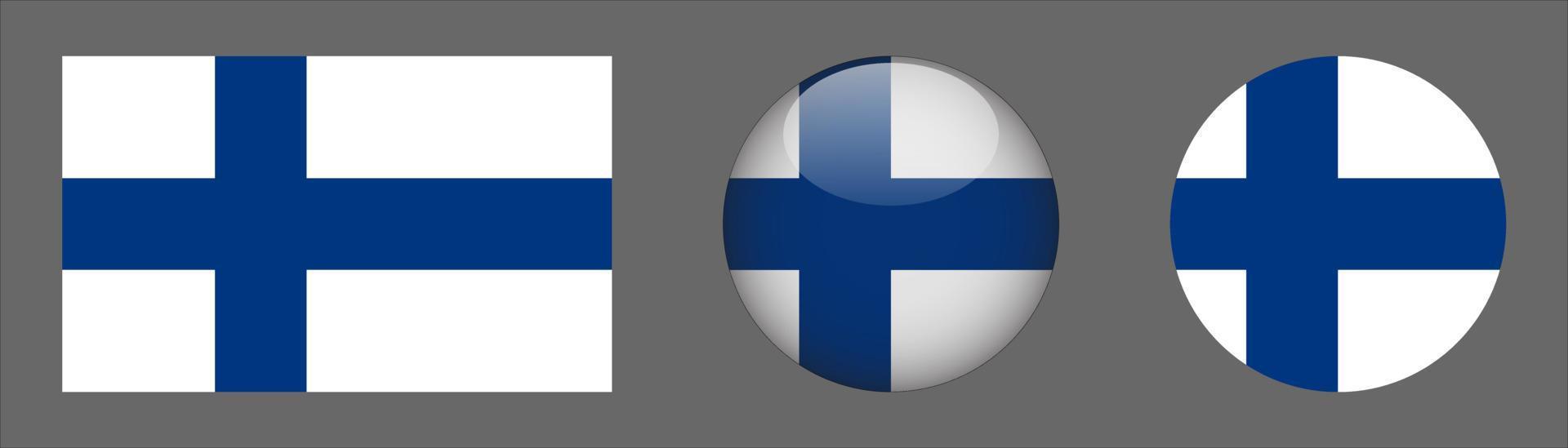 collezione di set di bandiere finlandesi, proporzioni originali, 3d arrotondato e piatto arrotondato vettore