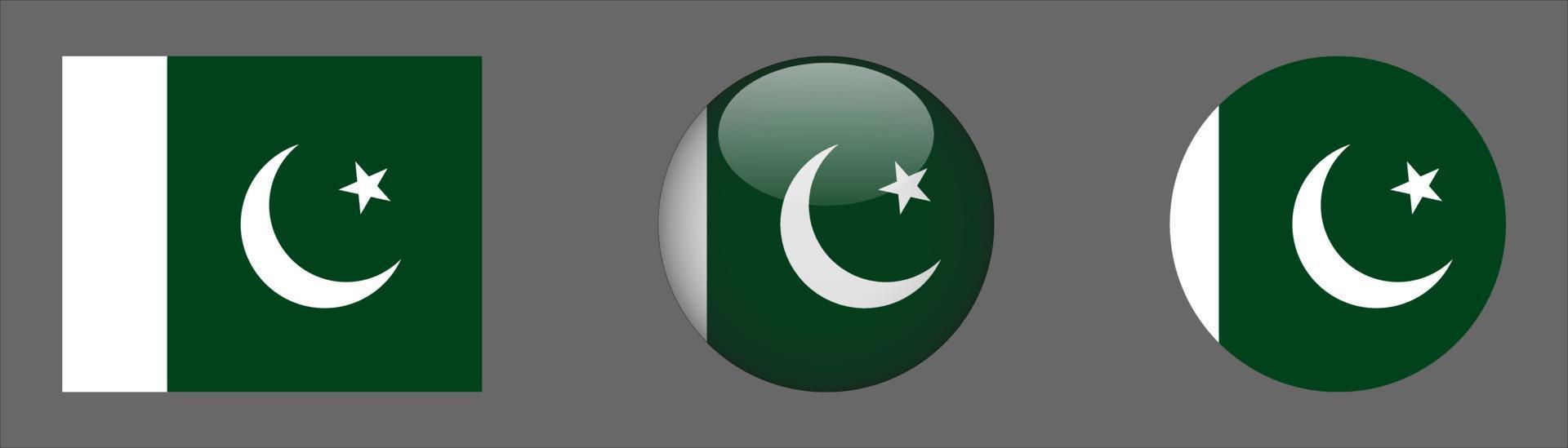 set di bandiere del pakistan, rapporto di dimensioni originali, 3d arrotondato e piatto arrotondato. vettore