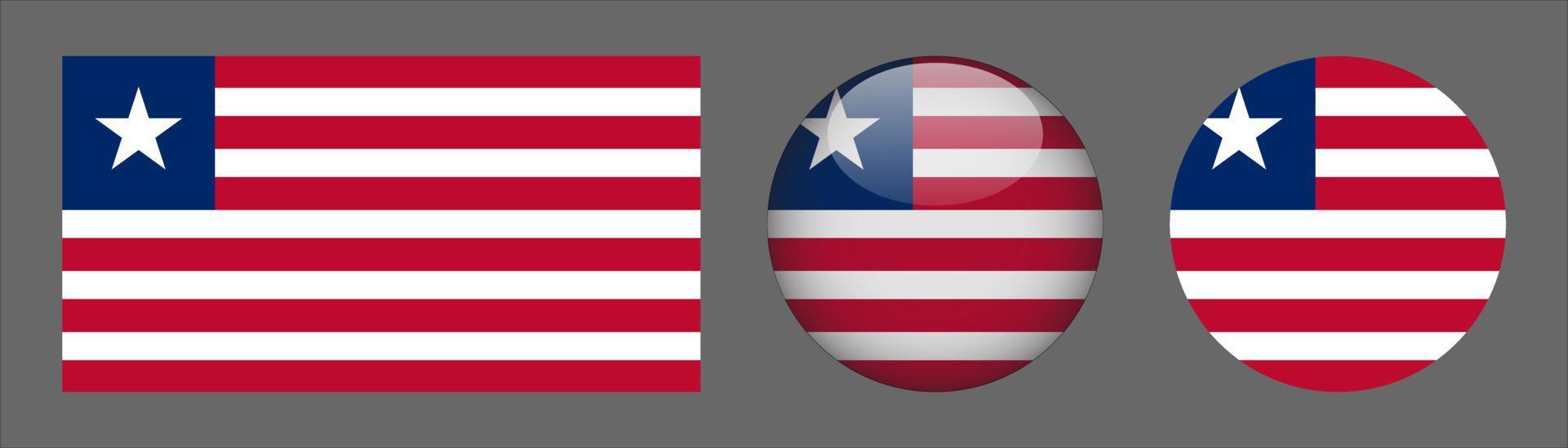 set di bandiere della liberia, rapporto di dimensioni originali, 3d arrotondato e piatto arrotondato vettore