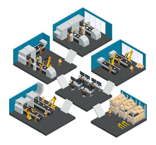 Composizione multistory isometrica della fabbrica di elettronica vettore