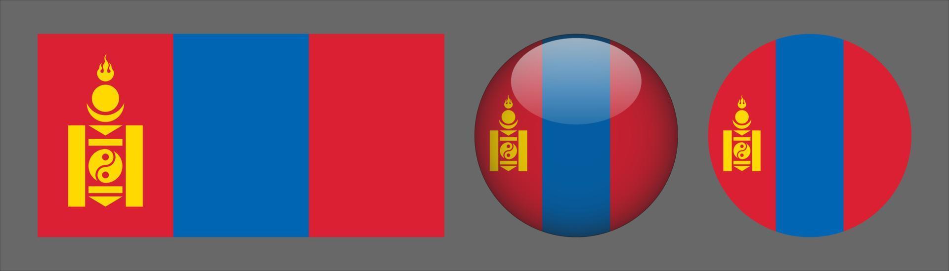 set di bandiere della mongolia, rapporto di dimensioni originali, 3d arrotondato e piatto arrotondato. vettore