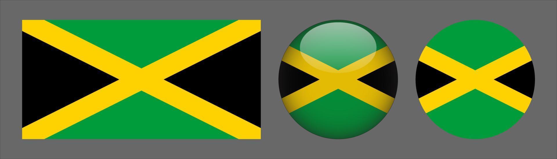 set di bandiere della giamaica, rapporto di dimensioni originali, 3d arrotondato e piatto arrotondato vettore