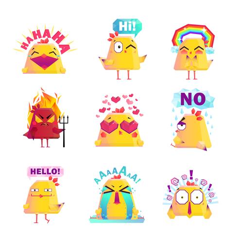 Icone divertenti del personaggio dei cartoni animati del pollo messe vettore