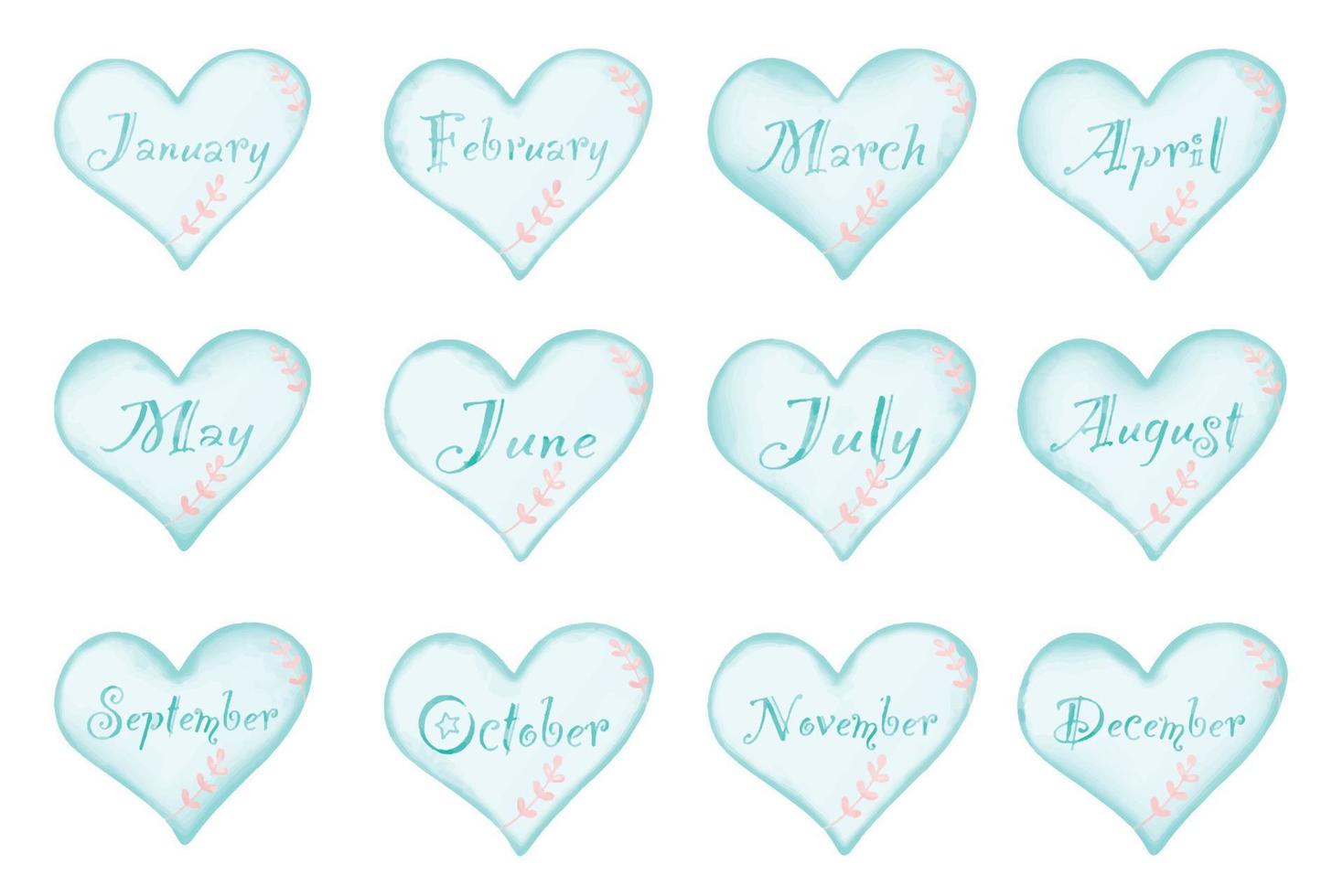 vettore - raccolta del mese. bellissimo dipinto digitale 12 mesi a forma di cuore blu con foglie rosa. stile vintage. ClipArt.