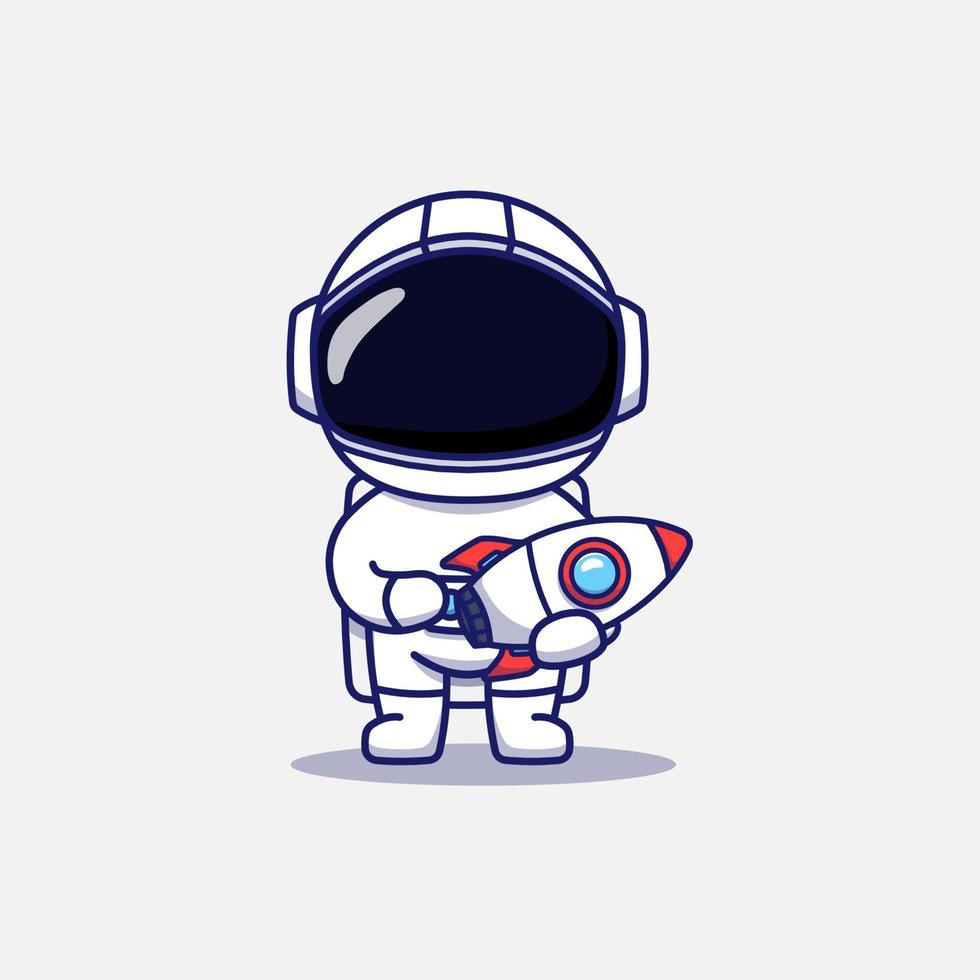 simpatico astronauta che trasporta un modello di razzo vettore
