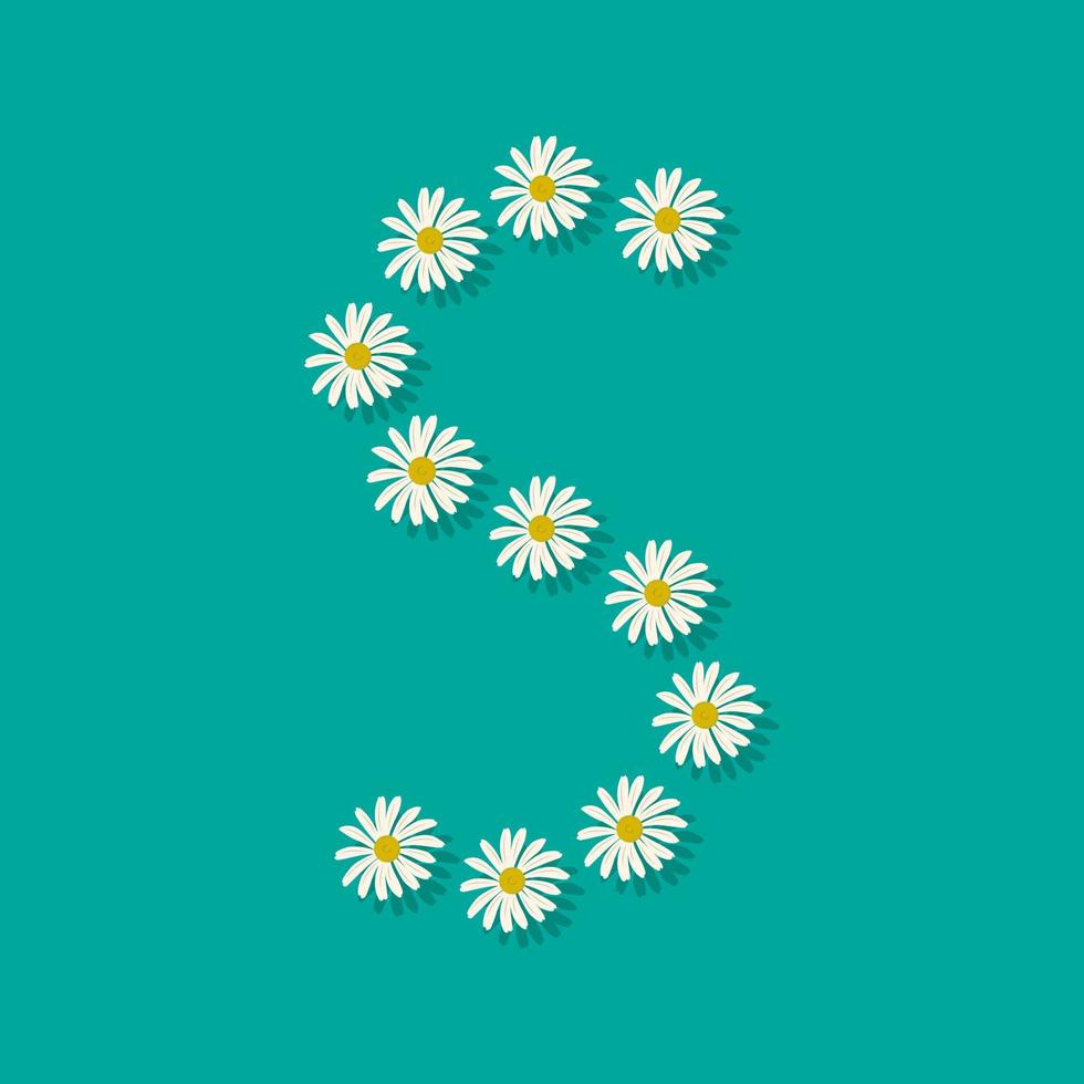 lettera s dai fiori di camomilla bianca. carattere festivo o decorazione per le vacanze e il design primaverili o estivi. illustrazione vettoriale piatta