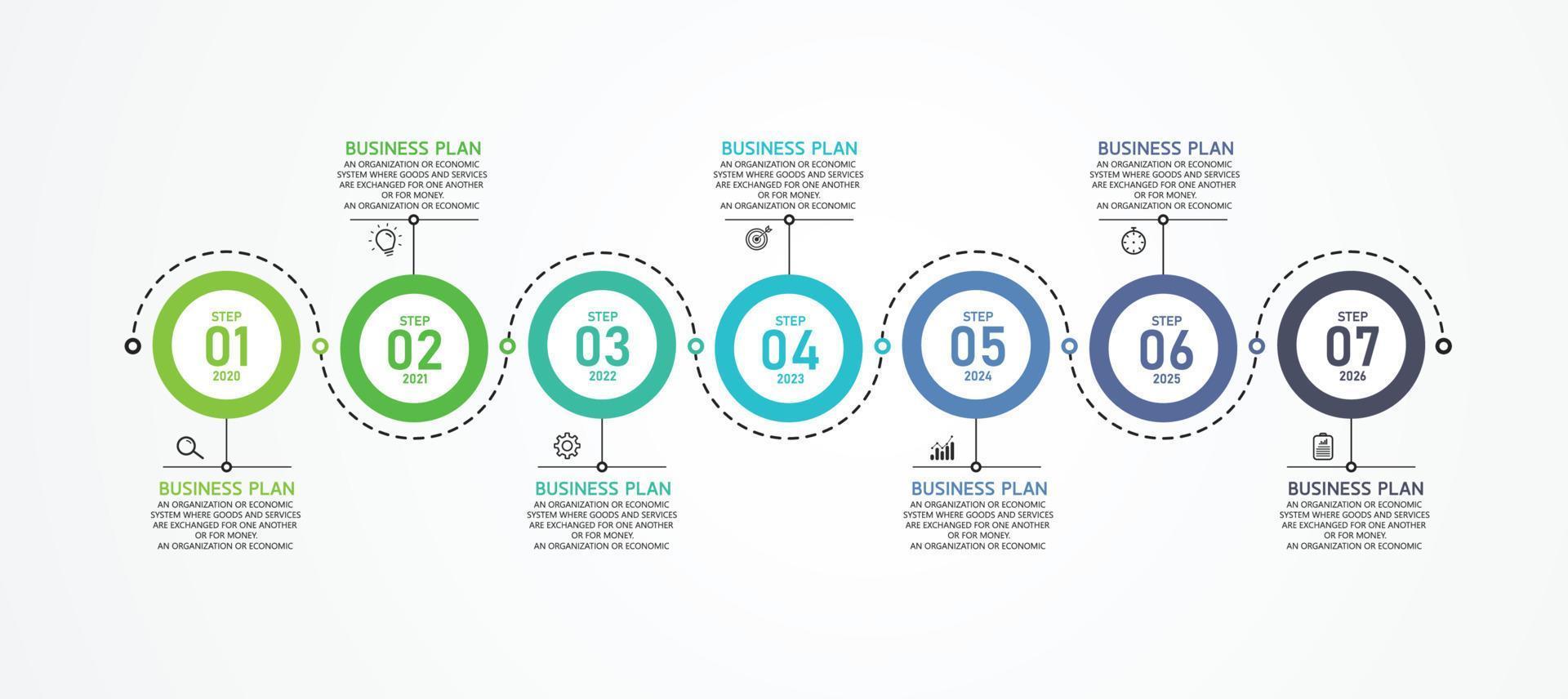 modello di etichetta infografica con 7 opzioni o icone di passaggio. infografica per idee imprenditoriali può essere utilizzata in istruzione, diagrammi di flusso, presentazioni, siti Web, banner. vettore