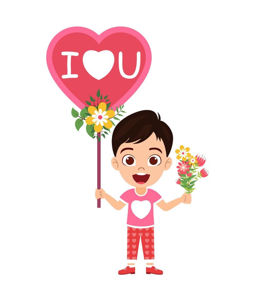 felice carino bel ragazzo ragazzo personaggio che indossa una t-shirt con simbolo a forma di cuore che tiene un cartello a forma di cuore con fiori vettore