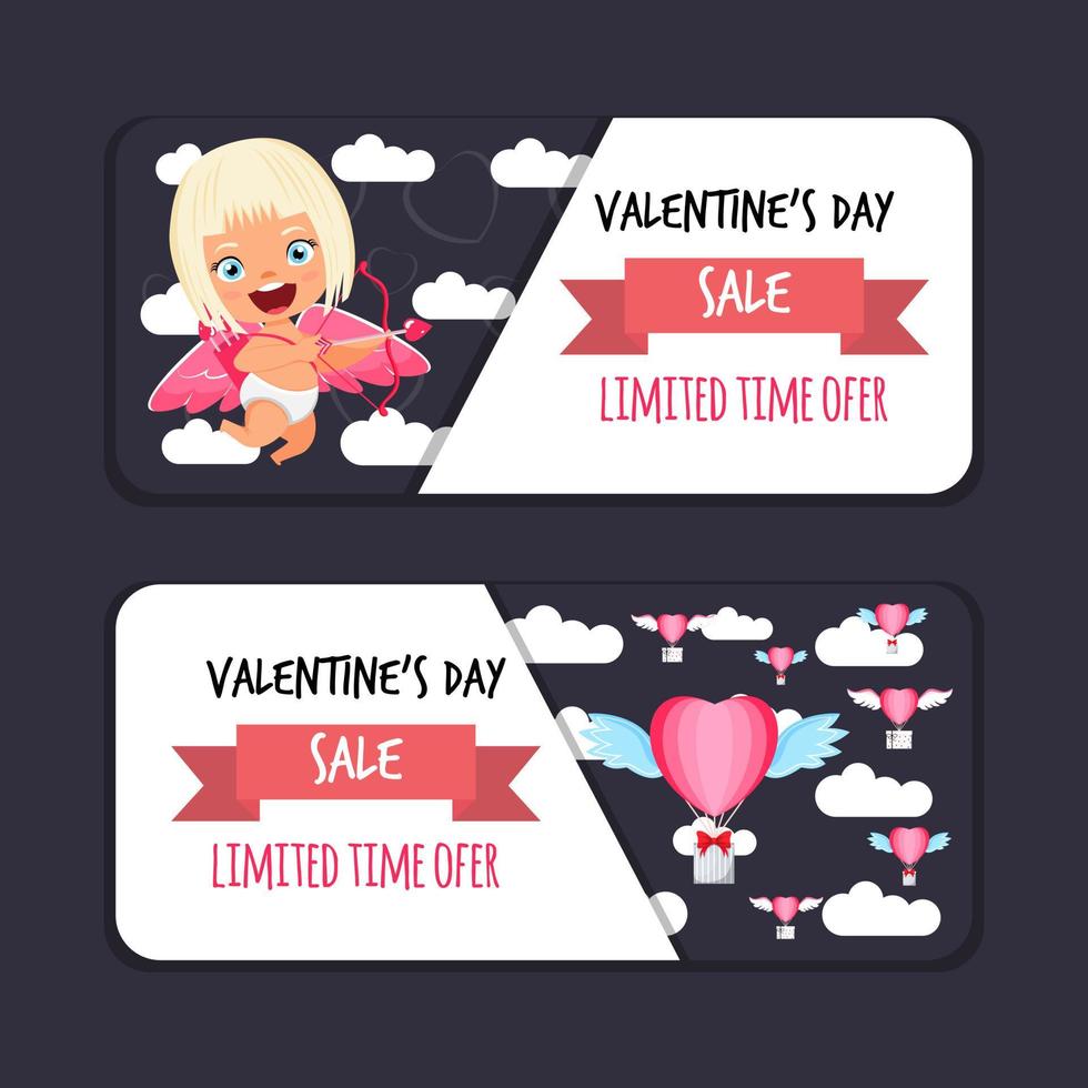 simpatica cartolina di san valentino con personaggio cupido vendita di san valentino a forma di cuore amore mongolfiera vettore