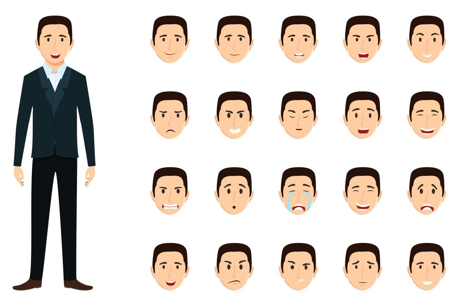 set di caratteri dell'uomo d'affari che indossa abiti da lavoro con diversa espressione facciale ed emozione triste arrabbiato felice allegro isolato set di icone vettore