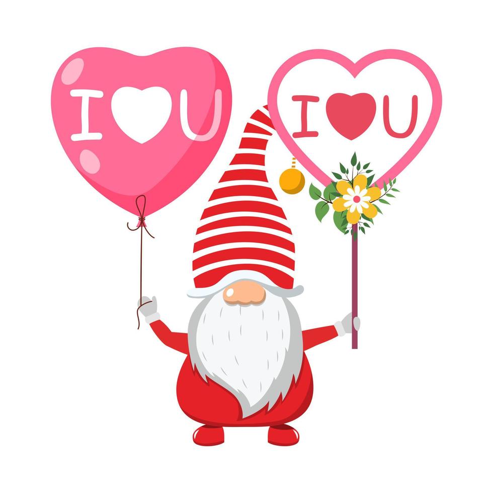 simpatico bellissimo personaggio di babbo natale che tiene in mano un cartello d'amore a forma di cuore e un palloncino con fiori e con il testo ti amo vettore