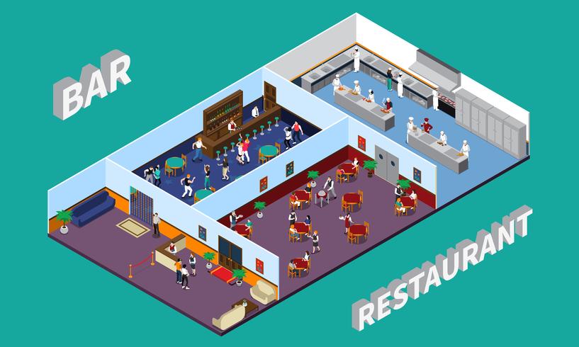 Bar ristorante Isometric Design vettore