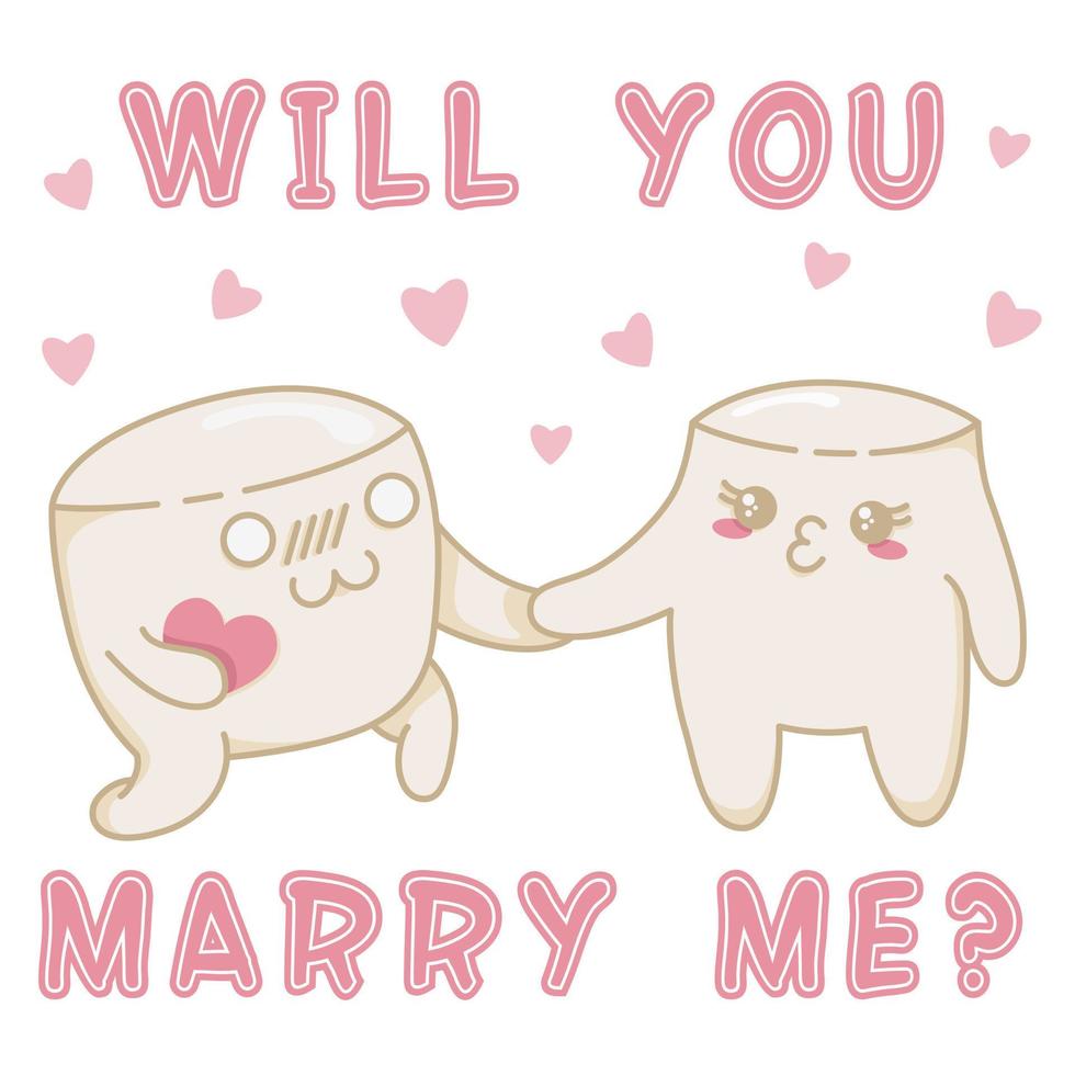 simpatico marshmallow kawaii con un cuore in mano fa una proposta di matrimonio alla sua signora marshmallow, personaggi kawaii marshmallow in uno stile piatto, cartoline disegnate a mano per esprimere i propri sentimenti vettore