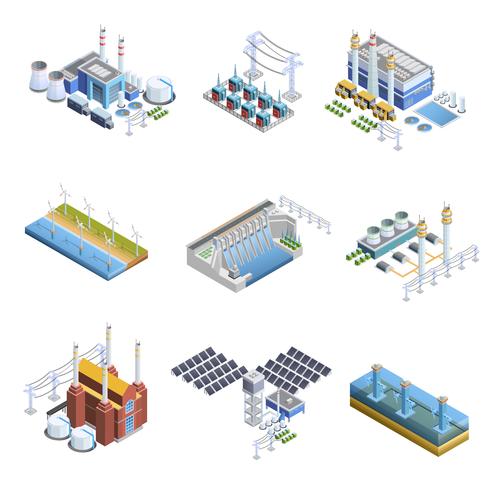 Set di immagini di impianti di generazione di elettricità vettore