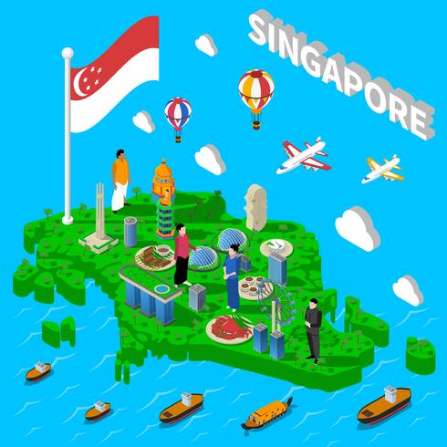 Manifesto isometrico di simboli turistici Mappa di Singapore vettore