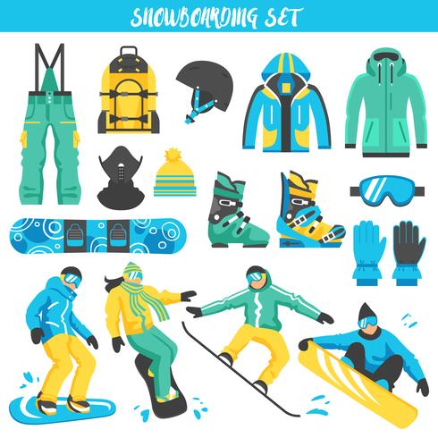 Set di attrezzatura da snowboard colorata vettore