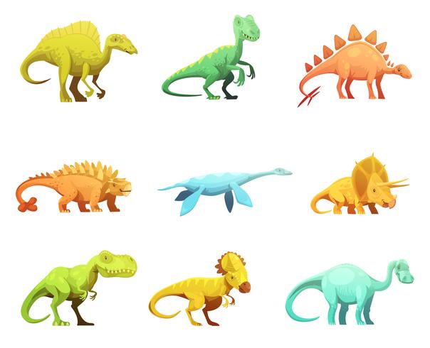 Dinosaurus Retro Cartoon Character Icons Collection vettore