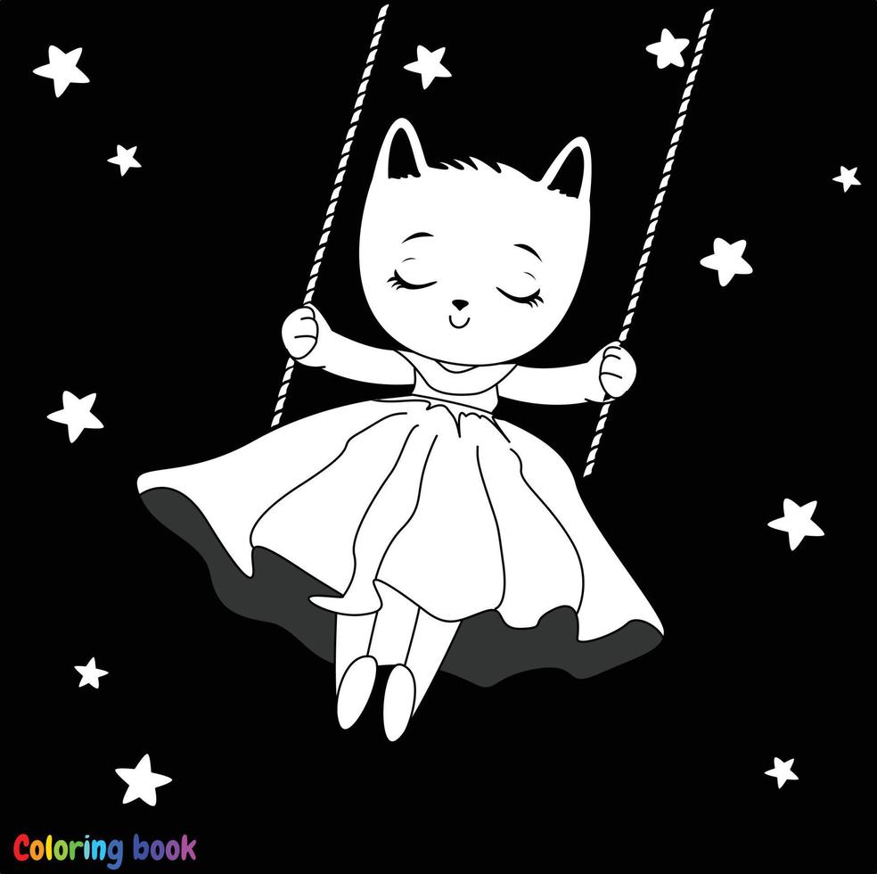 simpatico cartone animato bellissimo gatto che oscilla tra le stelle. illustrazione vettoriale in bianco e nero per libro da colorare