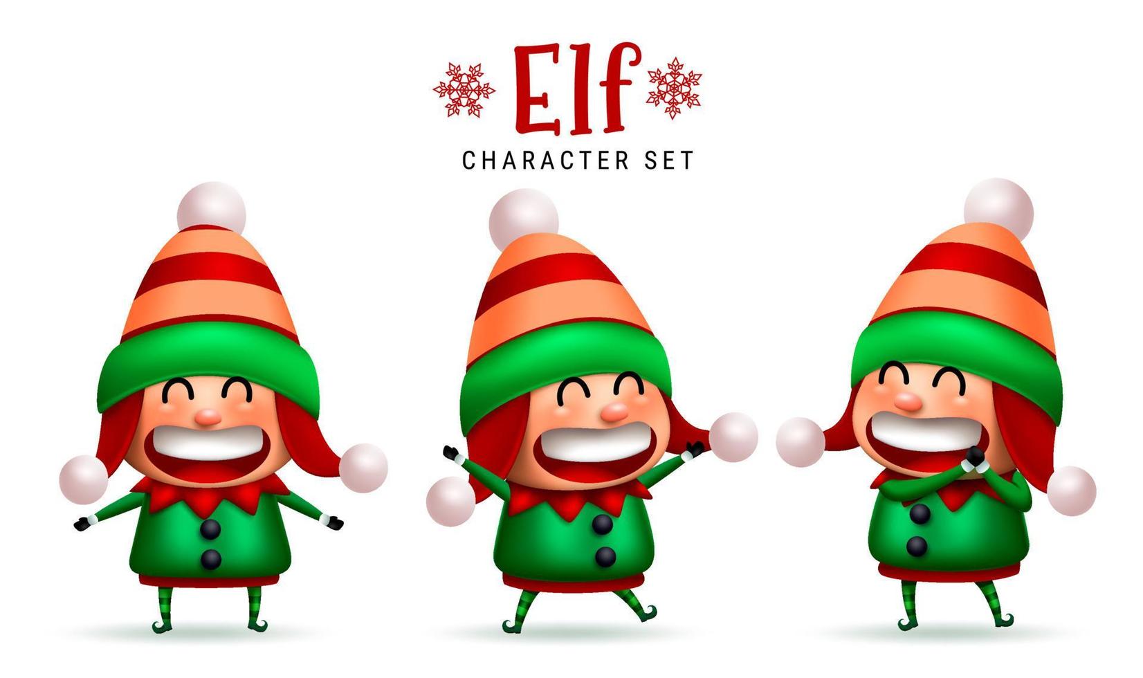 insieme di vettore dei caratteri di natale dell'elfo. simpatico personaggio di elfi con espressione felice, allegra e allegra isolato in uno sfondo bianco per il design della collezione natalizia per bambini. illustrazione vettoriale.