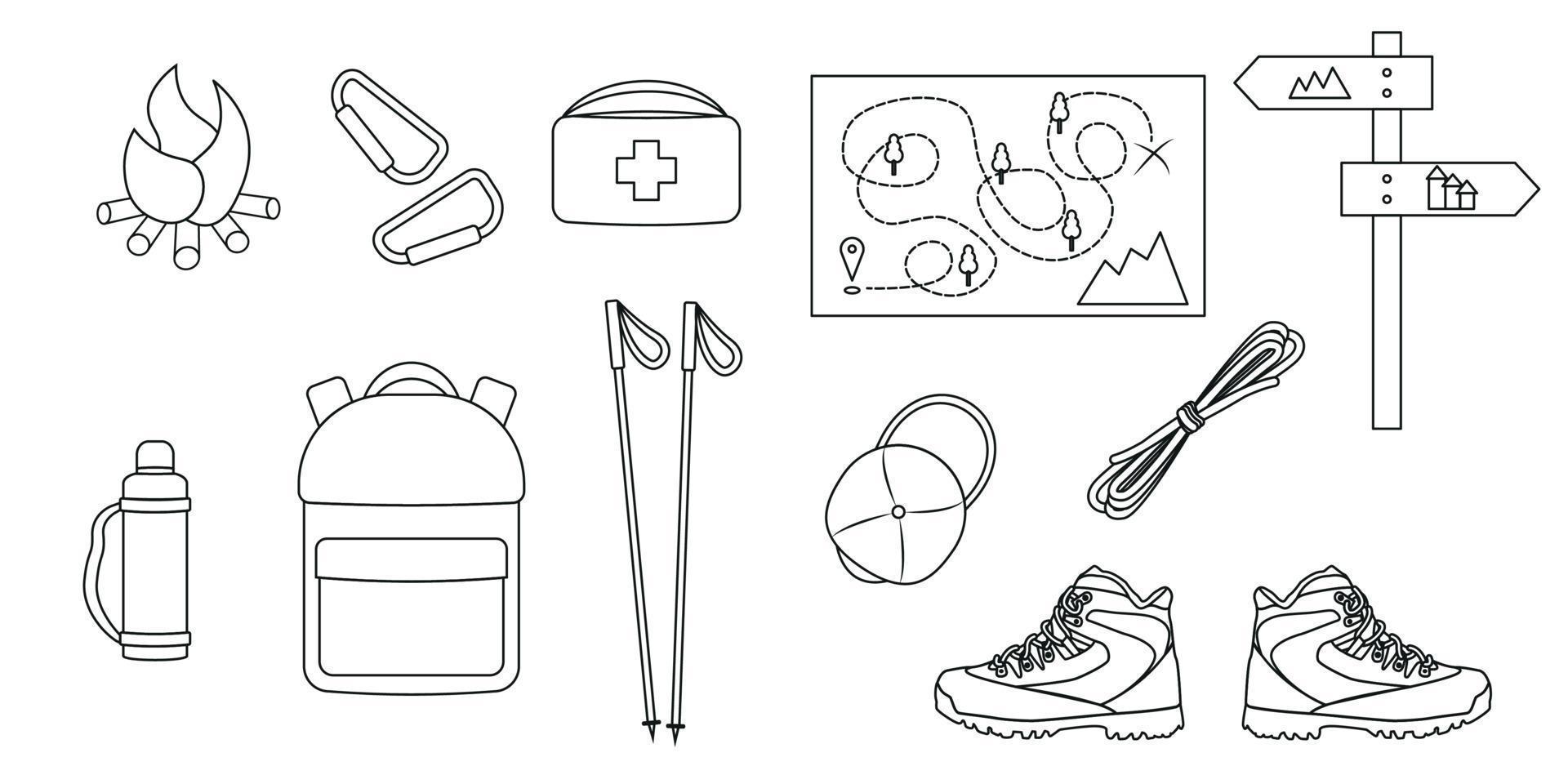 pacchetto di attrezzatura da viaggio e da trekking linea in bianco e nero. set di scarponi, bastoncini da nordic walking, cartina, thermos, berretto, zaino, cassetta di pronto soccorso, cartello, fuoco, carabine, corda. illustrazione vettoriale in stile piatto