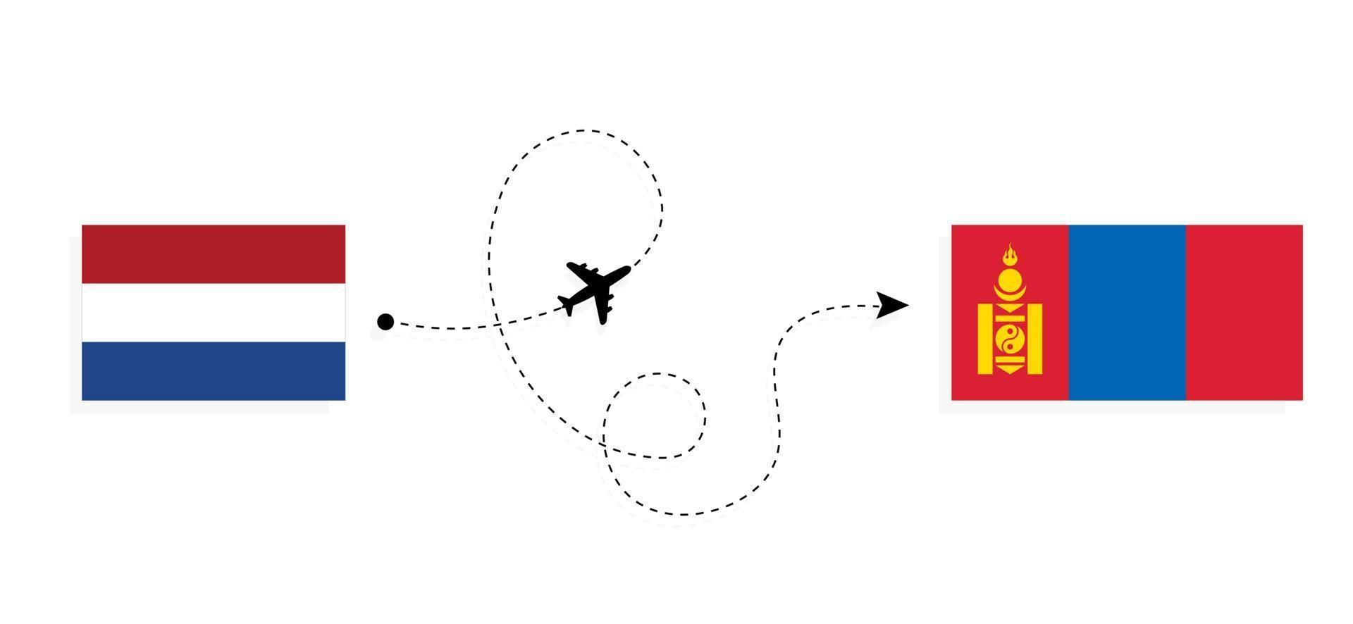 volo e viaggio dai Paesi Bassi alla Mongolia con il concetto di viaggio in aereo passeggeri vettore