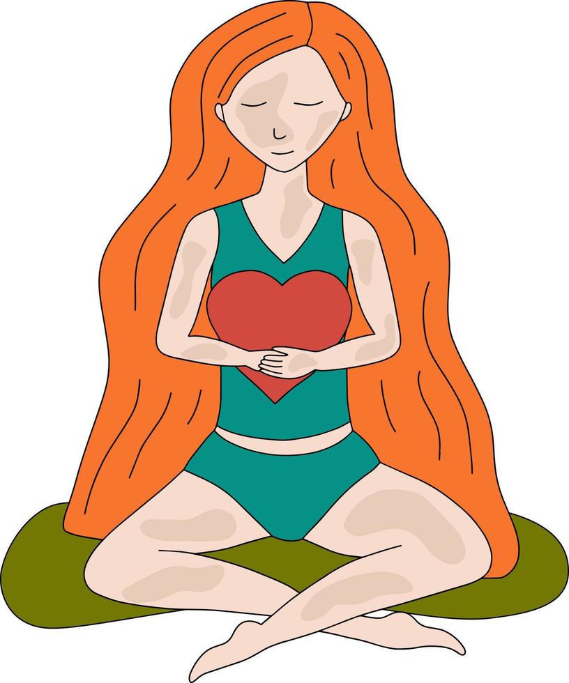 illustrazione vettoriale ragazza di pelle bianca rossa con vitiligine. donna amante di sé seduta in posa rilassante e abbracciando un cuscino a forma di cuore