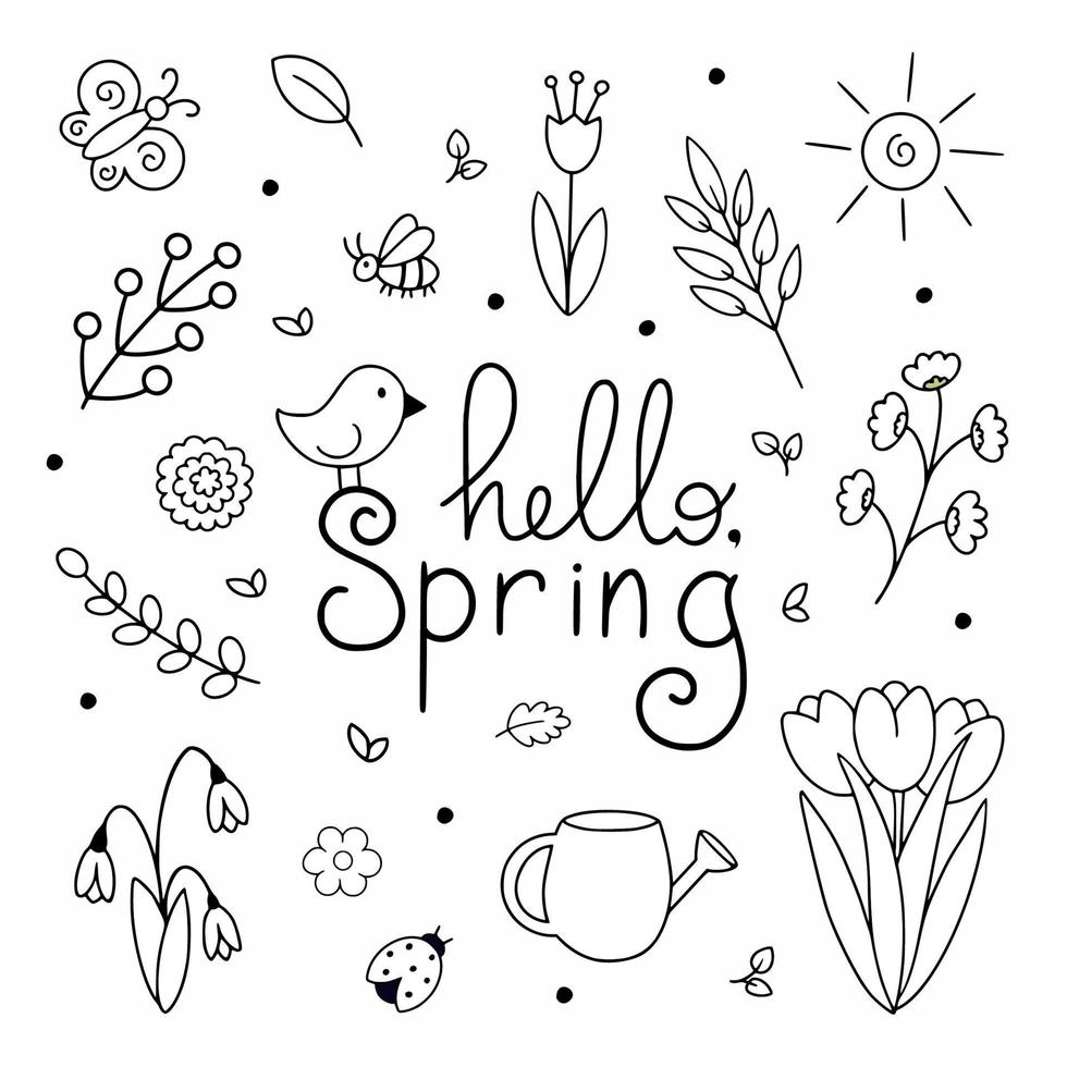un insieme di elementi per la primavera nello stile del doodle. libro da colorare per bambini con fiori, insetti e natura. elemento vettoriale per la progettazione di una cartolina. decorazioni per le vacanze dell'8 marzo.
