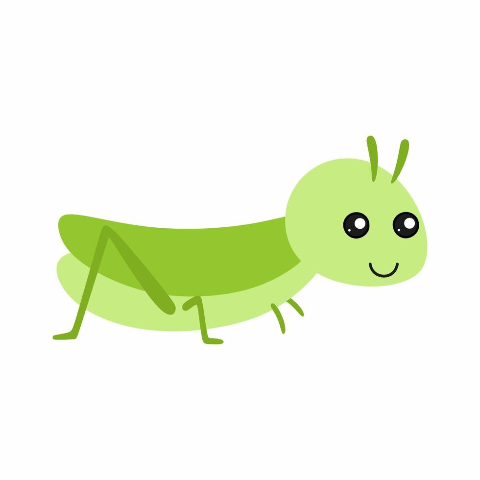 simpatica cavalletta verde in stile cartone animato. insetti per un libro per bambini. un personaggio per carte con animali. vettore