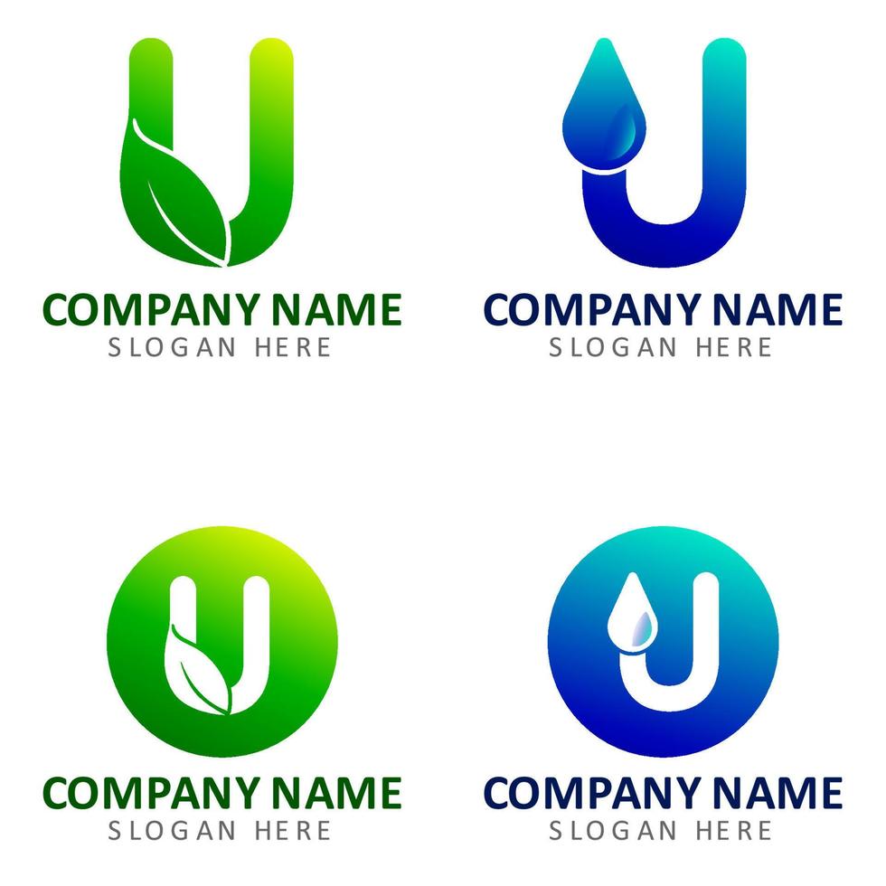 lettera moderna logo natura con colore verde e blu minimalis con la lettera u vettore