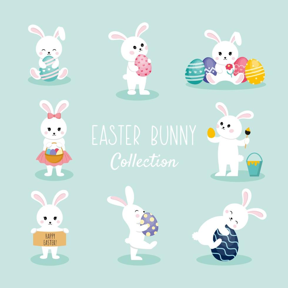 collezione di coniglietti pasquali. set vettoriale con simpatici coniglietti e uova di Pasqua. illustrazione per le vacanze di Pasqua. elementi per la progettazione di cartoline, poster e adesivi