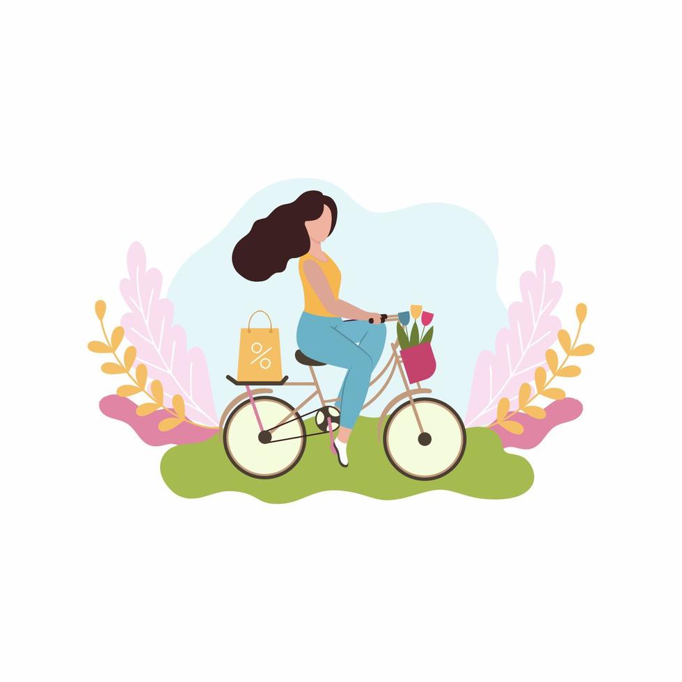 una donna va in bicicletta con fiori e fa shopping. concetto per la festa della donna. illustrazione vettoriale primavera in un colore rosa.
