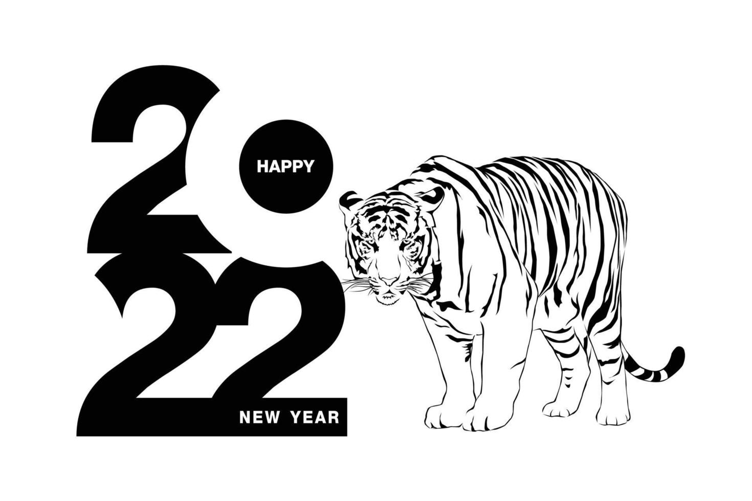 felice anno nuovo 2022 anno della tigre disegno in bianco e nero in piedi accanto ai numeri 2022 per poster brochure banner invito carta illustrazione vettoriale isolato su sfondo bianco.