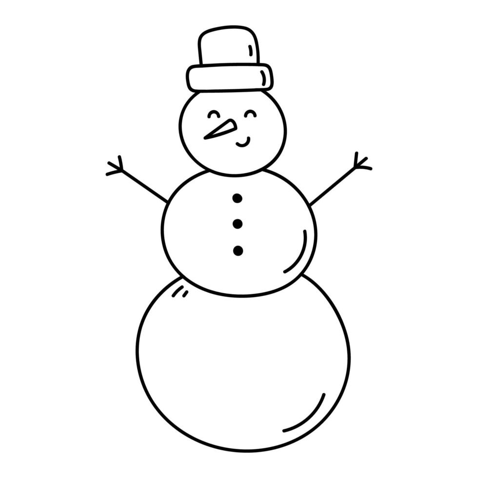 simpatico pupazzo di neve sorridente in un cappello isolato su sfondo bianco. illustrazione vettoriale disegnata a mano in stile doodle. perfetto per vacanze e disegni natalizi, carte, logo, decorazioni.