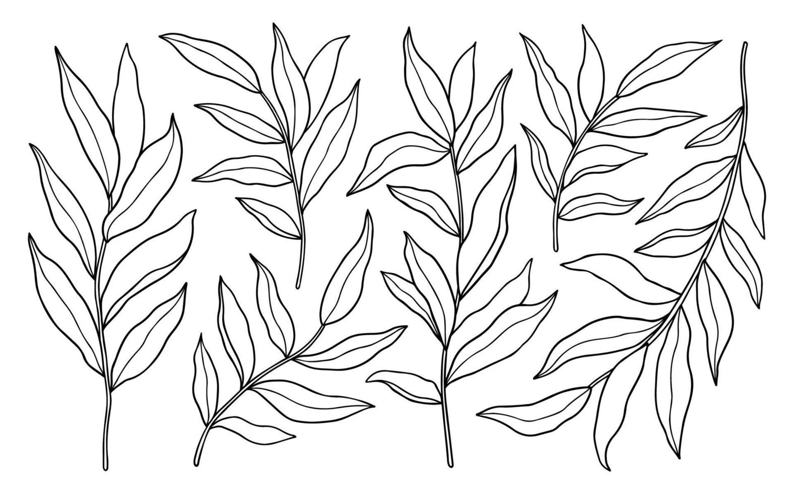 set di ramoscelli astratti con foglie isolati su sfondo bianco. illustrazione vettoriale disegnata a mano in stile contorno. perfetto per carte, logo, decorazioni, inviti, disegni cosmetici.