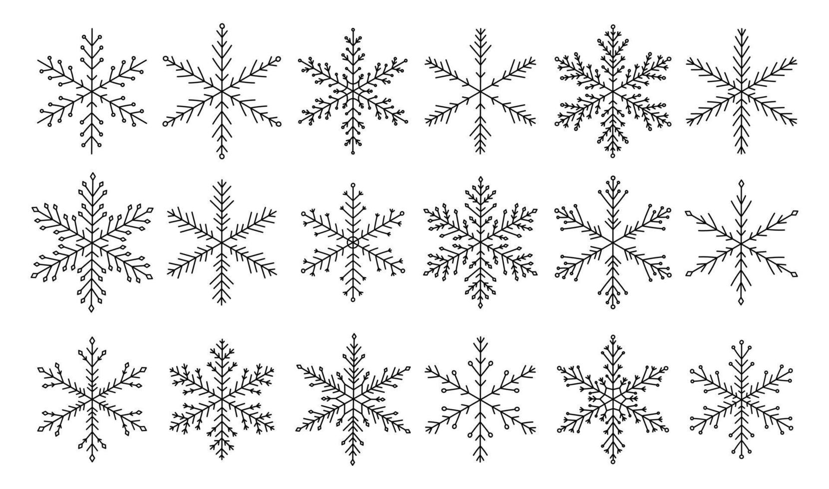 set di fiocchi di neve di diverse forme isolati su uno sfondo bianco. illustrazione vettoriale disegnata a mano in stile doodle. perfetto per vacanze e disegni natalizi, cartoline, logo, decorazioni.