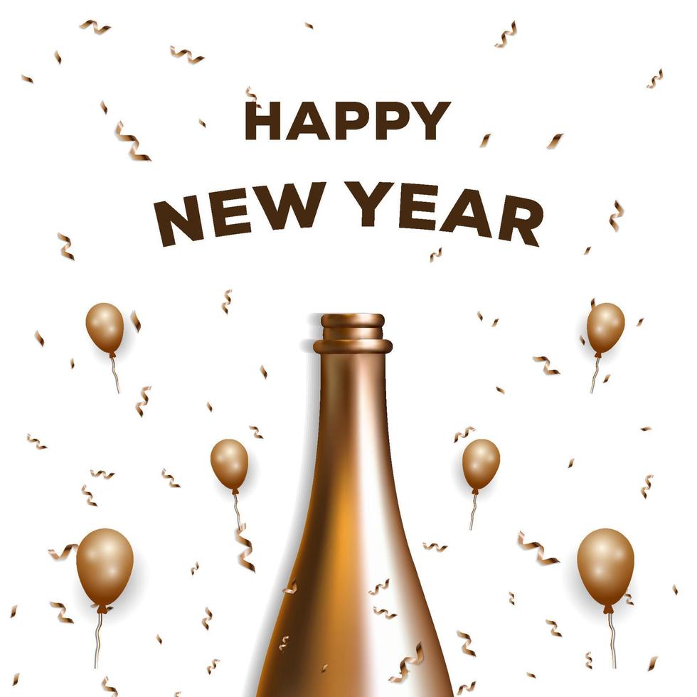 felice anno nuovo design con bottiglia di champagne dorata e fiocco in nastro dorato. disegno vettoriale