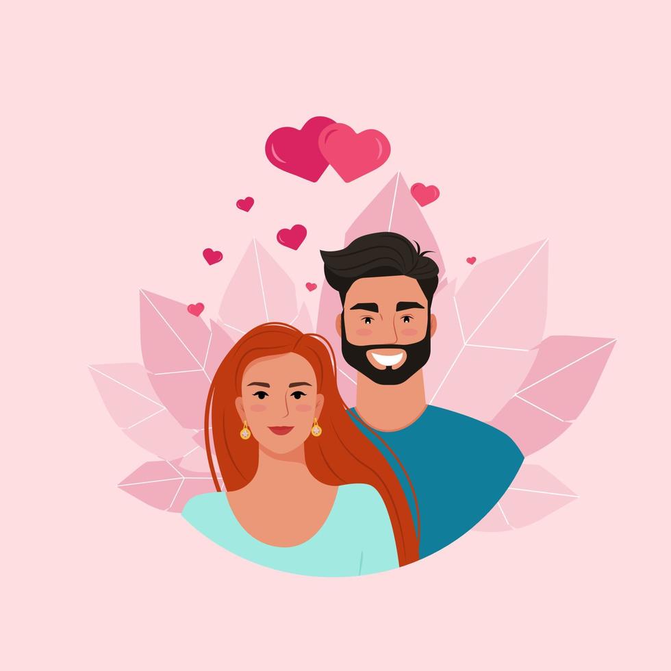 coppia innamorata, cartolina per san valentino. giovane donna e uomo. illustrazione vettoriale in stile piatto