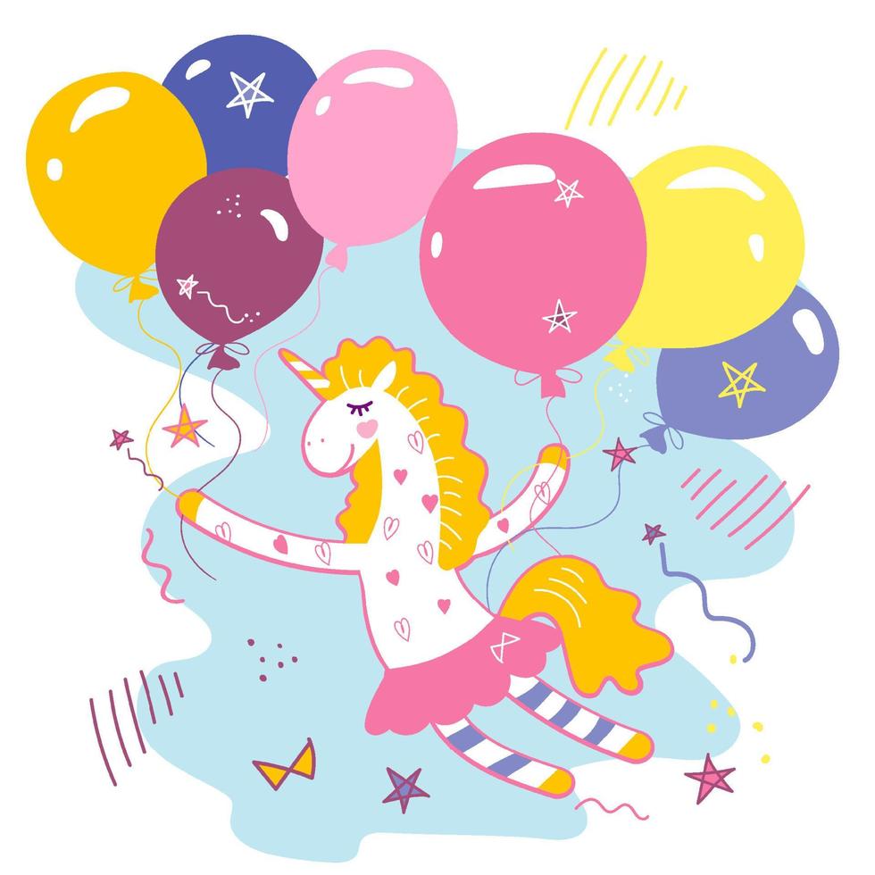 magico unicorno vola su palloncini con stelle e cuori. biglietto di auguri di buon compleanno. carattere scritto a mano e immagine disegnata a mano piatta isolata dallo sfondo. immagine disegnata a mano. vettore