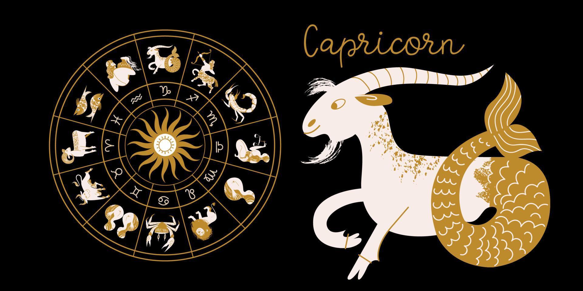 segno zodiacale capricorno. oroscopo e astrologia. oroscopo completo nel cerchio. zodiaco della ruota dell'oroscopo con il vettore di dodici segni.