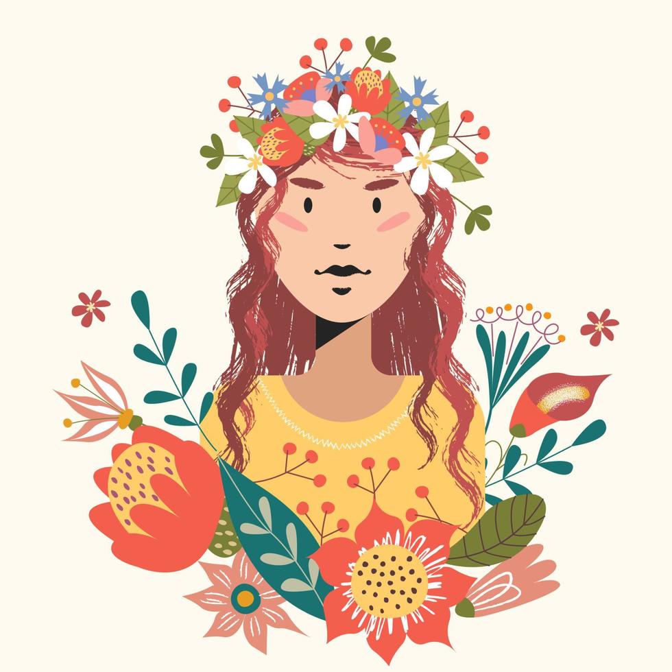 ritratto femminile con fiori. illustrazione vettoriale. vettore