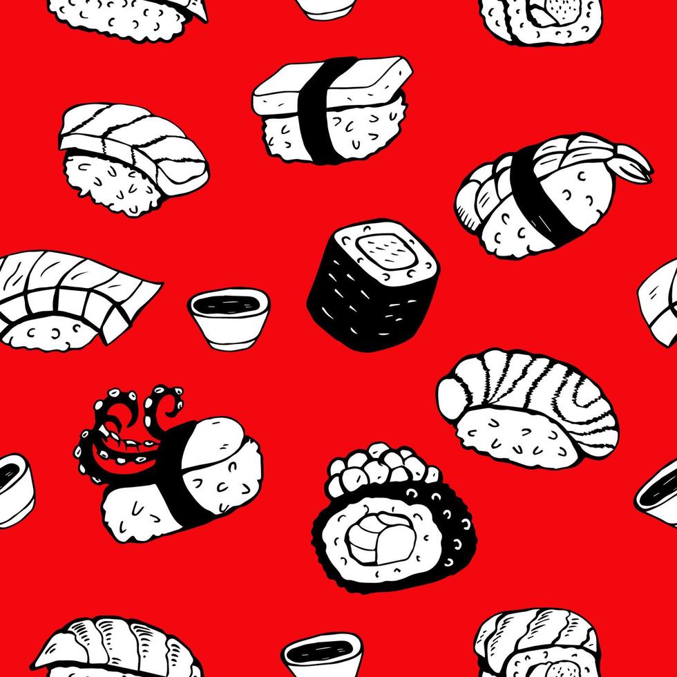 sushi giapponese. modello in bianco e nero senza soluzione di continuità. su sfondo rosso. illustrazione vettoriale disegnata a mano.