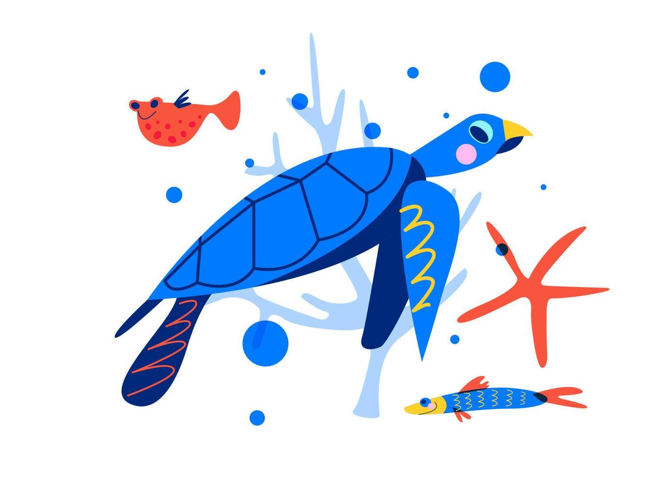 tartaruga di mare. vita marina, mondo sottomarino, pesci d'acquario. illustrazione vettoriale su sfondo bianco.