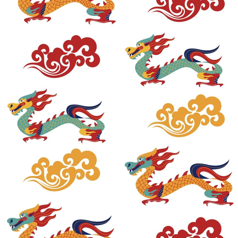 modello senza cuciture in stile cinese con draghi cinesi. illustrazione vettoriale colorato. modello tradizionale cinese.