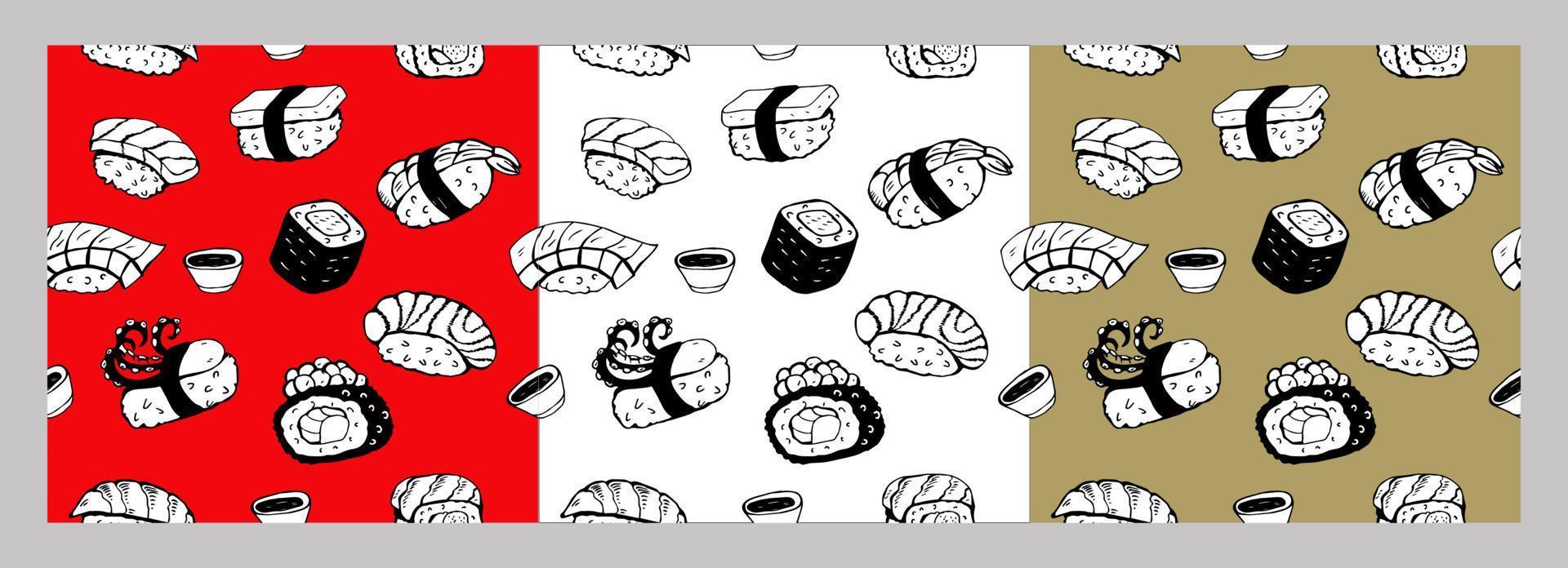 serie di modelli senza soluzione di continuità. set di sushi e panini giapponesi diversi disegnati a mano. illustrazione vettoriale. vettore