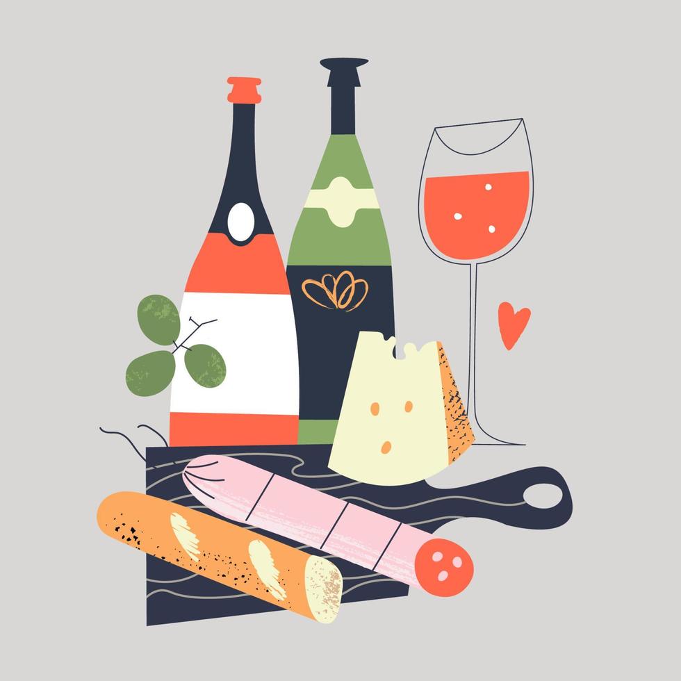 natura morta. pane, salame, formaggio su un tagliere nero. qualche bottiglia di vino e un bicchiere di vino rosso. illustrazione vettoriale in uno stile piatto su uno sfondo grigio.