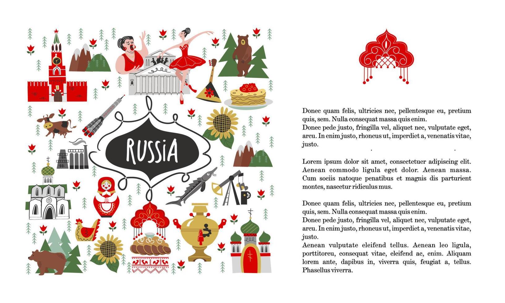 Russia. attrazioni della russia, balletto russo e opera. illustrazione vettoriale. un insieme di elementi per creare il tuo design. vettore