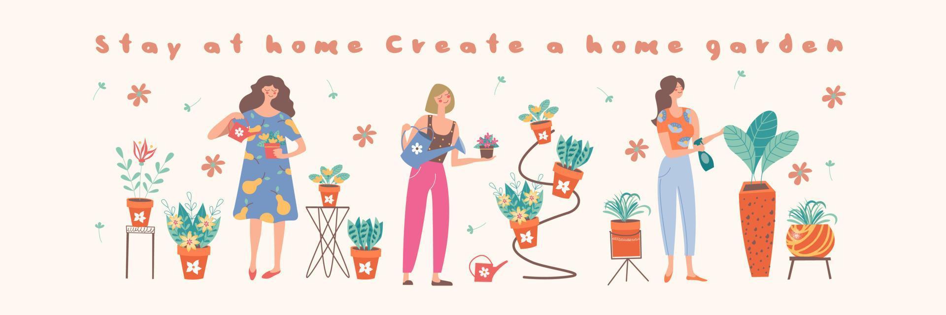 resta a casa. creare un giardino di casa. illustrazione vettoriale. vettore