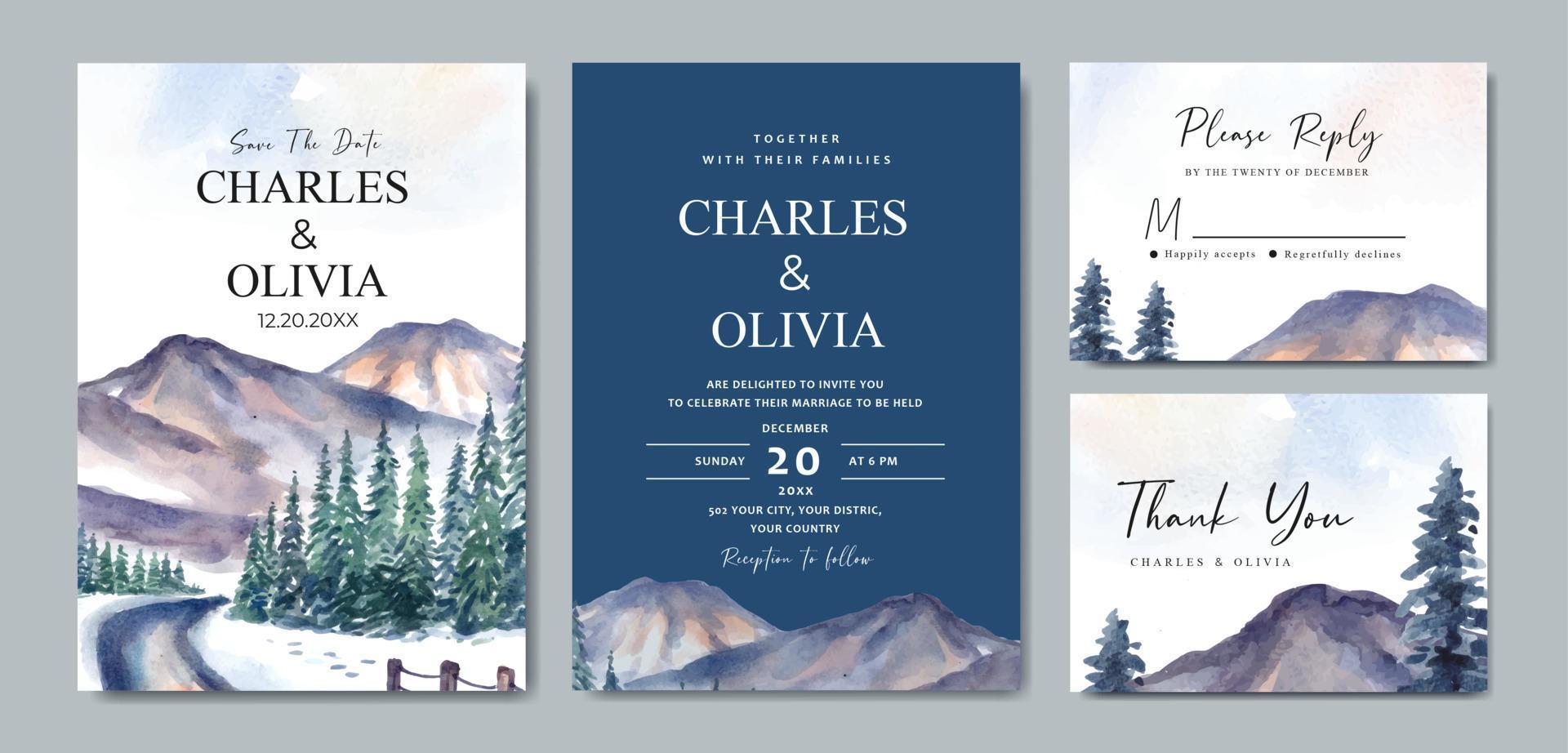 set di inviti di nozze ad acquerello di paesaggio invernale con montagne e alberi di pino vettore